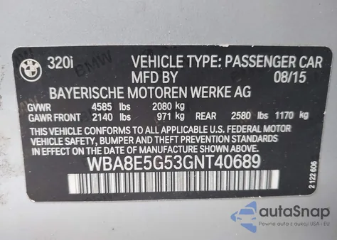 2016 BMW 320I xDrive из США, поврежденный, VIN WBA8E5G53GNT40689